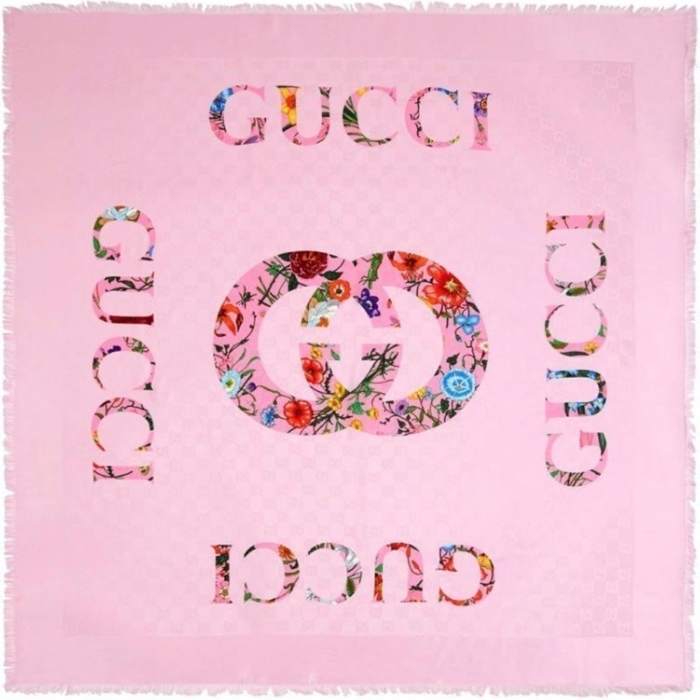 Gucci Pink Floral Emblem Scarf